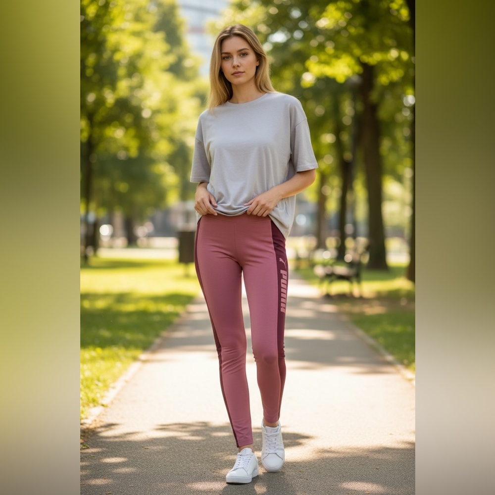 Puma Pink Performance Leggings Small NWT | Burgundy Stripe + Sleek Stretch Fit